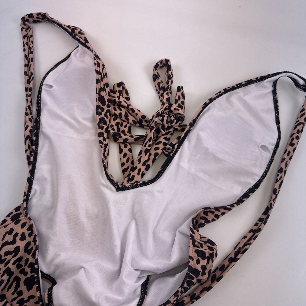 Bellanblue Swimsuit Plunging V Front Wrap Ties Leopard Print Peach Hi Cut Large - Picture 9 of 12